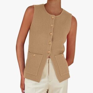 Beige Sleeveless Knit Cardigan Vest